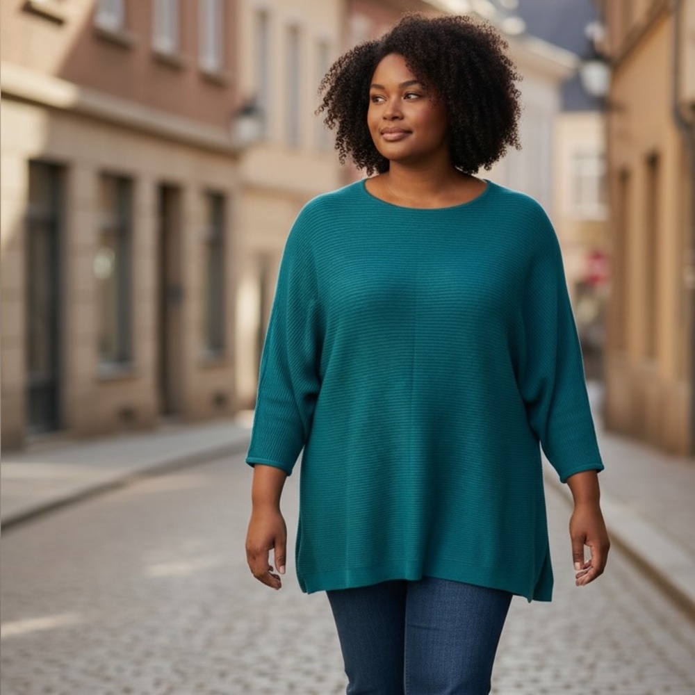 Chico's Teal Green Ribbed Half Sleeve Tunic Sweater - Size 3
